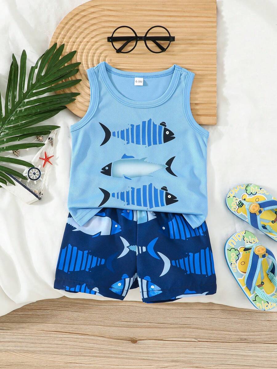 Set de 2 piezas para niños pequeños: Parte superior de tirantes con gráfico de tiburón emparejada con pantalones cortos con estampado total, conjunto deportivo transpirable para uso diario en verano