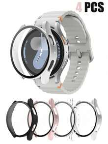 4-Pack Galaxy Watch Protective Case, Sports & Casual Style, 4 Color Combinations: Silver + Black + Transparent + Pink, Delicate Touch, Scratch-Resistant And Anti-Slip, Integrated Hard PC And Tempered Glass Screen Protector Design, Compatible With Samsung Galaxy Watch 4/5/6/7 40mm/44mm, Unisex Fashion
