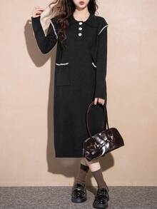 女士休闲舒适翻领连衣裙，春季 - 黑色 - 查看 5