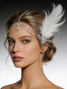 1pc New Vintage Hair Chain, European & American Fashion Stage Performance Feather Hair Accessory, Headpiece, Head Jewelry For Valentine's Day Accessories Gift - Silver - View 6