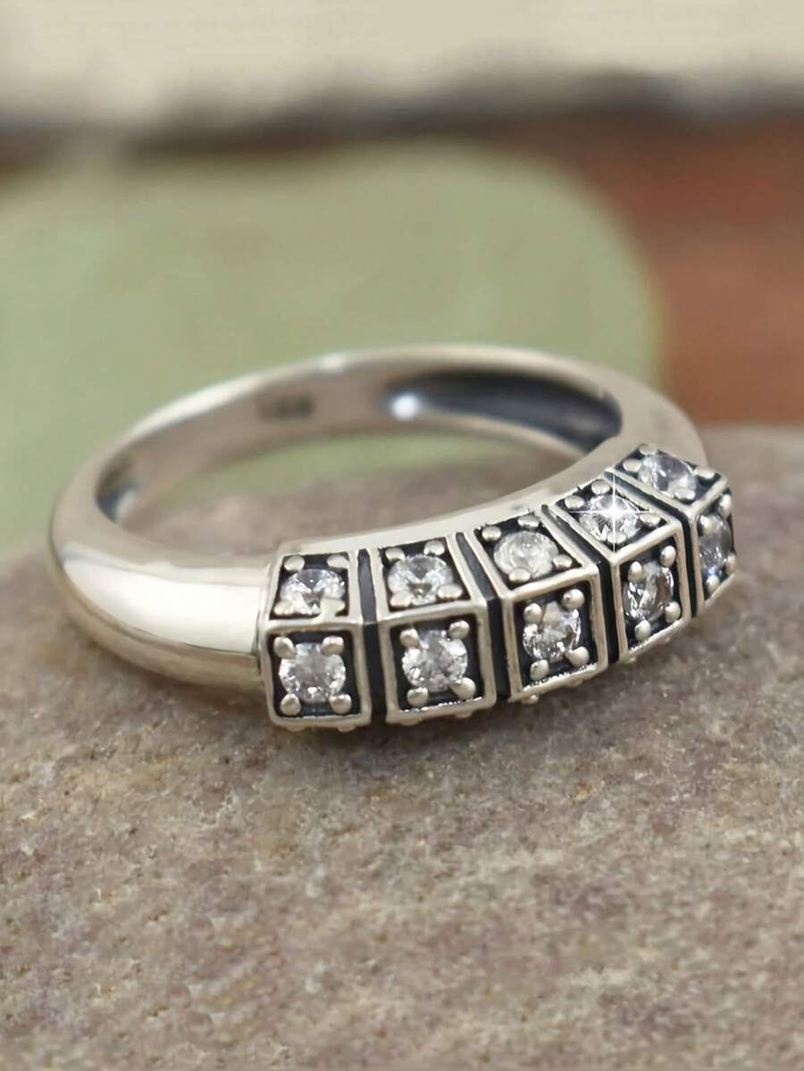 1枚时尚简约镶嵌亮面锆石几何戒指，女士节日派对婚礼新年珠宝礼物 - 戒指 - 查看 1