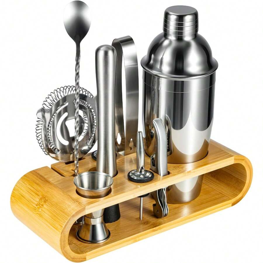 10-teiliges Cocktail Shaker Set aus Edelstahl mit Holzständer – Barzubehör Set für Home Bar & Cocktail Liebhaber - Standard - Übersicht 1