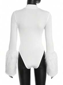 Áo liền thân dài tay thời trang nữ, làm từ polyester, thiết kế cổ đứng với cổ tay áo giả lông sành điệu, co giãn và thoải mái. - trắng - Xem 9