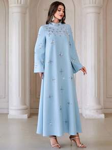 Solessence 女士纯色立领优雅长袖连衣裙，饰有水钻、珍珠和串珠 - 淺藍色 - 查看 6