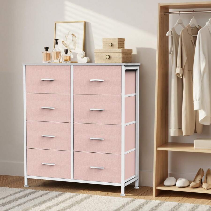 OLIXIS Dresser For Bedroom, Dressers & Chests Of Drawers Dresser Organizer, Wood Top Table Furniture With 8 Fabric Storage Tower Unit, Chest Of Drawers For Closet, Living Room, Hallway, Porch - 粉色 - 查看 1