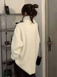 女士纯色休闲宽松高领长袖罗纹优雅毛衣，秋季 - 杏色 - 查看 2