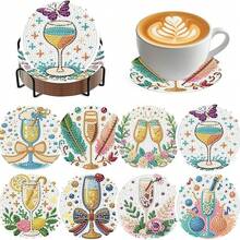 8件套DIY 5D钻石画杯垫套装（酒杯主题）带支架 | 闪亮饮品杯垫，适合家居酒吧/派对装饰和礼品