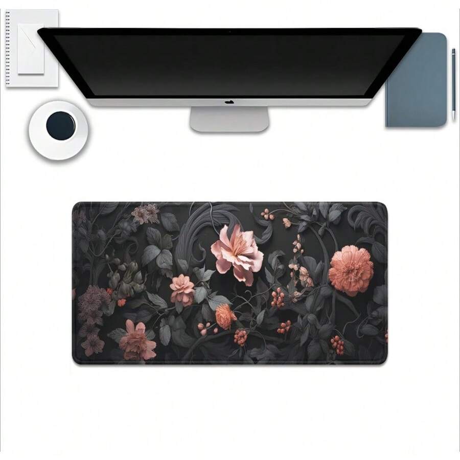 Black Art Flowers Mouse Pad,Large Vintage Floral Mousepad Desk Pad With Stitched Edges,Non-Slip Waterproof Rubber Base Mouse Mat For Office Computer Keyboard Laptop Home 14x24 Inch Multiple Designs Available - 黑色美學之花 - 查看 1