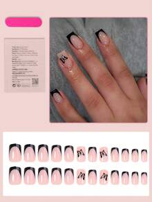 24片短方形法式美甲贴纸，黑色法式蝴蝶图案，简约亮面全覆盖，适合女性和女孩，可用于假指甲、派对、约会、情人节等场合的美甲用品。 - 黑色 - 查看 2