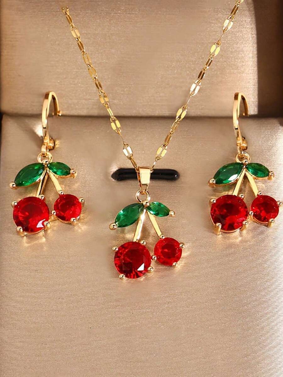 1 Set Fashionable & Versatile Micro-Inlaid Cherry Pendant Necklace & Earrings Jewelry Set For Girl - Multicolor - View 1