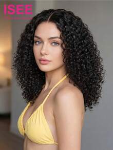 ISEE Hair Kinky Curly Wigs 13*4 Transparent Lace Wig 8-14 Bob Inch 180% Density Pre-Plucked Hairline & Pre-Cut Lace Stylish Wig Unprocessed Human Virgin Hair Natural Looking Versatile Style 100% Human Hair Wig Vacay Vibes Active Energy Travel Essential Holiday Outfits Bridesmaid Gifts Accessories - SNatural - View 2