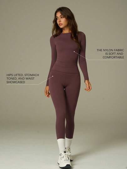 UONNOU 2pcs Women's Sports Shapewear Set, Including Long Sleeve T-Shirt And Long Pants. Butt Lifting And Shaping, Can Be Worn As Innerwear Or Outerwear, Soft And Comfortable Fabric, Skin-Friendly And Breathable. Suitable For Indoor/Outdoor Activities, Yoga, Fitness, Vacation, Etc. Available In Spring/Autumn Styles.
