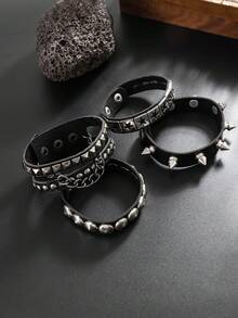 1 Set Men's Punk Rock Studded Bracelet Set, Spiked Leather Bracelet, Star Studded Bracelet, 80s Emo Style, Faux Leather, Gothic Fashion Halloween Jewelry Bracelet Accessories, Unisex