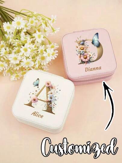 Personalisierte Blumen-Initialen-Schmuckbox - Individueller Name "A" mit Schmetterling- und Blumenmuster, Kunstleder-Reißverschluss-Aufbewahrung für Ringe und Halsketten, perfektes Geschenk für Mädchen, Freundinnen und Mütter (Valentinstag, Geburtstag, Neujahr), Schmuckgeschenkbox