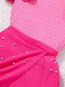 Tween Girls Summer Colorblock T-Shirt Set, Round Neck Ribbed Knit Top + Elastic Waist Shorts/ Skort 2-Piece, Pearl Decor, Flutter Sleeve Design, Sweet & Cute For Casual Outings - Hot Pink - View 8