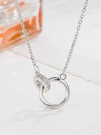 1pc S925 Silver Mobius Loop Moissanite Double Ring Necklace, Interwoven Ring With Inlaid Diamonds, Minimalist And Elegant, Suitable For Daily Commute, A Gentle Accessory Gift For Valentine's Day