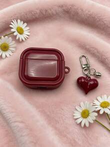 1pc Minimalist Wine Red + Heart Pendant TPU Earphone Protective Case, Suitable For AirPods Pro 3/4, Pro 2, Wireless Bluetooth 1/2 Earphone Case - Burgundy - View 5