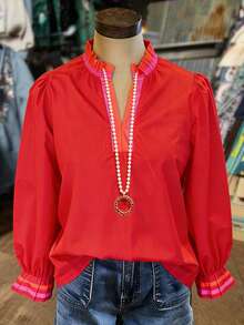 1 Women' Lightweight Ruffle & Puffy Flounce Sleeve Blouse With Elastic Cuffs - Contrasting Color Placket, Ribbed Cuffs,Solid Color Spring Summer Casual Shirt, Suitable For Spring Summer - Đỏ - Xem 1