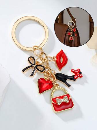 1pc Elegant Alloy Keychain With Red Lip & Bow Design - Valentine'S Day-Inspired - Adorable Metal Round Love Theme Keyring With Delicate Flowers & Heart Decor, Single Individual Piece, Perfect Wedding Festival Gift Or Accessory For Ladies' Handbags