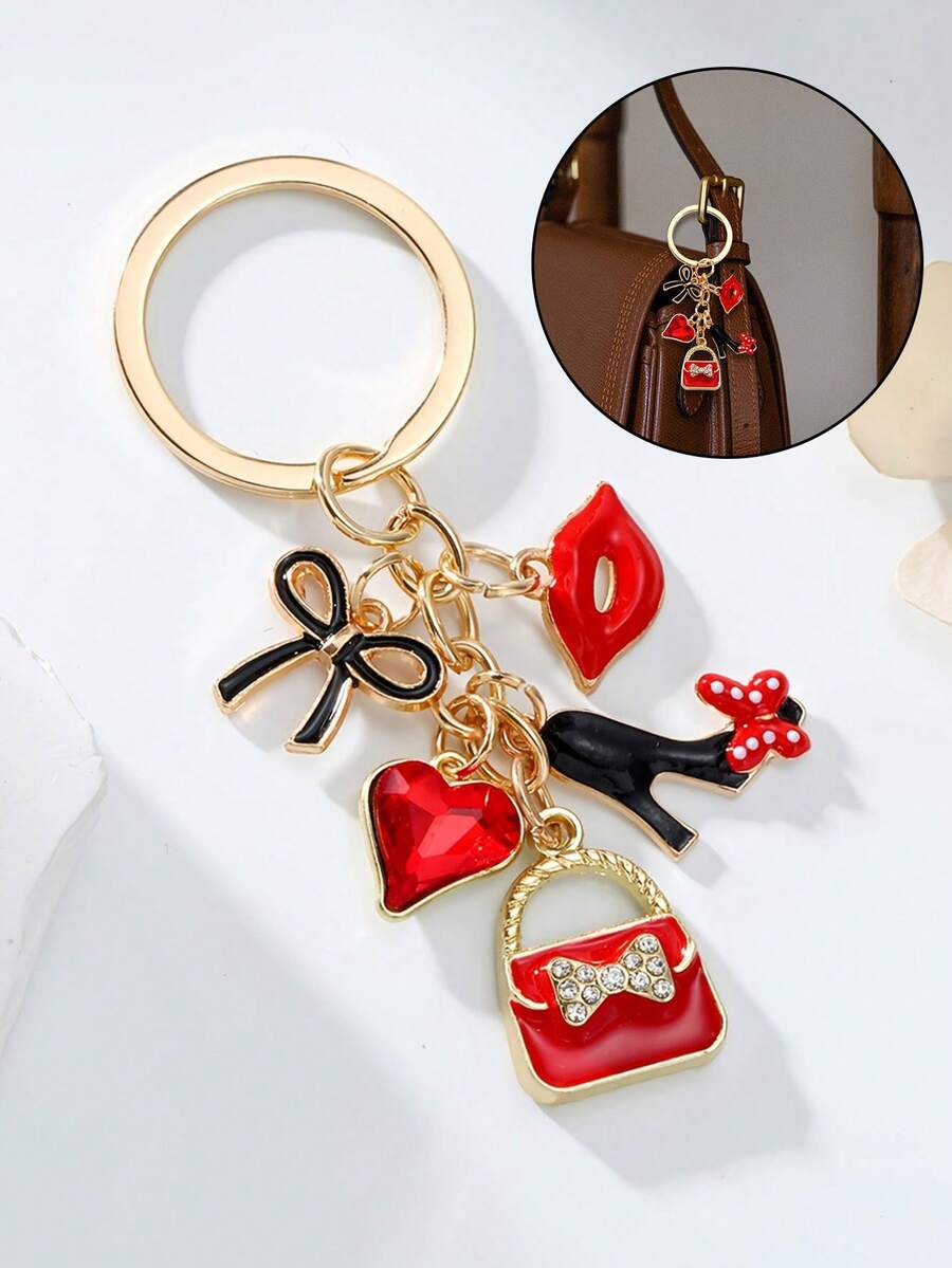 1pc Elegant Alloy Keychain, Designed With Red Lip Print And Bow, Inspired By Valentine's Day, Cute Metal Round Heart Themed Keychain Decorated With Delicate Flowers And Hearts, Single Piece, Ideal As Women's Wedding Holiday Gift Or Handbag Accessory - Multicolor - View 1