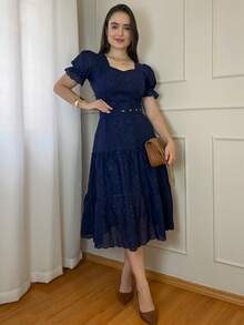 Women's 3-Marias Midi Dress In Elegant Cotton Lace With Belt And Ruffled Hem - Casual Fashion - For Dating Or Weddings - 藏蓝色 - 查看 4