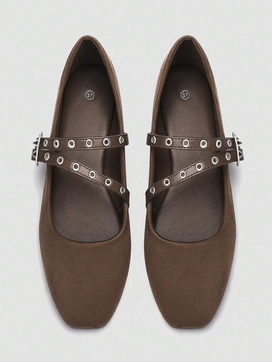 ADAMUMU Women's Fashion Square Toe Casual Party Office Buckle Breathable Woven Hollow Mesh Comfortable Slip-On Flat Shoes, Apricot - Mocha Brown - View 1