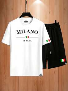 Milano Italy Street Fashion Printed T-Shirt + Sweat Shorts Set. T-Shirt Made Of 100% Cotton, Premium Line. Sweat Shorts With Pocket. - Áo phông trắng, quần short Bermuda đen - Xem 2