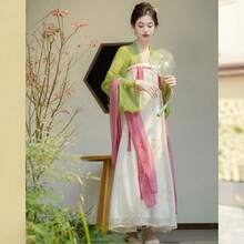 New Chinese Style Women's Clothing, Light National Style, Tang Dynasty Hanfu Elements, Daily High-Waisted Dress, Tea Dress, Fairy-Like Zen-Inspired Skirt, Two-Piece Set - 綠色 - 查看 7