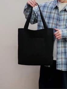 Men's Solid Color Tote Bag, Fashion Versatile Shoulder Handbag, Large Capacity Canvas Bag School Bag For College Bag For School Teacher Gifts Shopping Bag Back To School Supplies Tote Bag With Zipper Book Bag Large Tote Bag Travel Essential Canvas Tote Bag Laptop Bag Beach Weekend Bag Beach Bag Laptop Case - Black - View 3