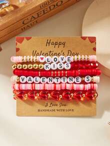 4/5/6pcs Valentine's Day LOVE Bracelet, Multi-Layer Rose, Couple Pink Heart Envelope, Soft Clay Beaded Elastic Bracelet, Valentine's Day Gift - Red - View 12