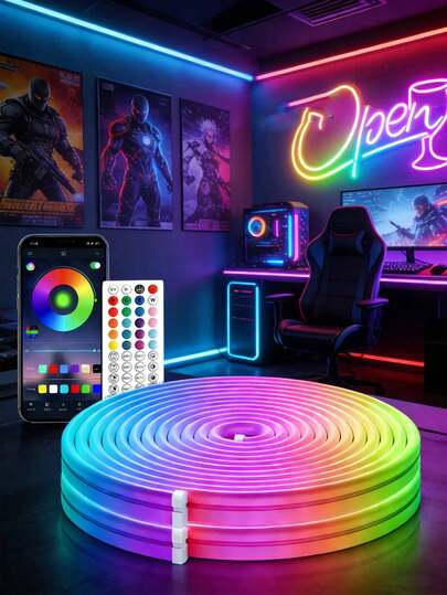 RGB LED霓虹灯带，带遥控器/APP控制，防水柔性霓虹灯条，适用于卧室、房间装饰，16英尺-100英尺霓虹灯条，RGB LED灯带，可通过APP和遥控器控制，具有定时、音乐同步功能，户外IP67防水，柔性霓虹灯带，适用于卧室、客厅、游戏、万圣节派对装饰、圣诞节装饰，LED霓虹灯标志