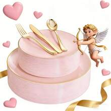 100-Piece Pink Plastic Plate Set With Gold Edges And Disposable Silverware Set - 20 Dinner Plates, 20 Dessert Plates, 20 Gold Knives, 20 Gold Forks, And 20 Gold Spoons. Suitable For New Year, Valentine's Day, Birthday Parties, Weddings, And Holiday Gatherings. - 粉色 - 查看 8
