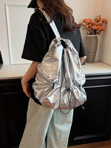 JIANSHANGGUSHI Ba lô dây rút xếp ly dáng casual dung tích lớn mới năm 2025, cặp sách học sinh unisex, vải nylon giặt nước, nhiều màu sắc để lựa chọn. - Bạc - Xem 3