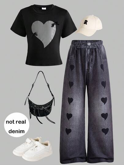 2pcs/Set Girls Casual Outgoing Heart & Bow Print Decor Waist Top And Elastic Waist Heart Print Decor Pants, Spring/Summer