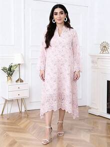 2026 New Style Ramadan Traditional Elegant Floral Embroidered Asymmetrical Ruffle Hem Dress, Modest Arabic Women Clothing - Pink - View 6