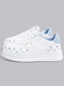 1双时尚休闲厚底运动鞋，白色系带运动鞋，适合所有季节 - 藍色 - 查看 2