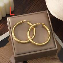 3对女士不锈钢粗环耳环，18K镀金时尚精致粗环耳环，实心管状金耳环套装（3对 - S/M/L） - 金黃色 - 查看 12