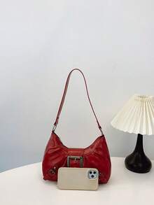 Túi xách nữ thời trang mới năm 2026 của Niche Design Chain, túi đeo chéo kiểu Gothic đính đinh tán, túi tote đeo vai, túi đeo vai dây xích đính đinh tán màu trơn. - Màu Đỏ Sâu - Xem 9