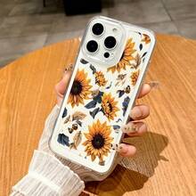 Carcasa de TPU Transparente con Estampado de Girasoles Dorados sobre Fondo Negro Protección Anticaídas con Bordes Elevados para iPhone 16 15 14 13 12 11 Plus Pro Pro Max 16E y  Galaxy Serie Regalo Perfecto para Navidad Amigo Pareja o para Ti Mismo - transparente - Ver 5