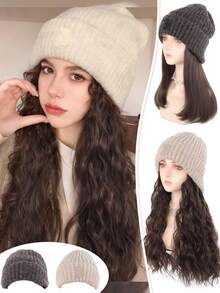 保暖针织帽假发，16英寸蓬松波浪卷发，采用耐热合成纤维制成，适合女性秋冬季佩戴。 - 彩色 - 查看 2