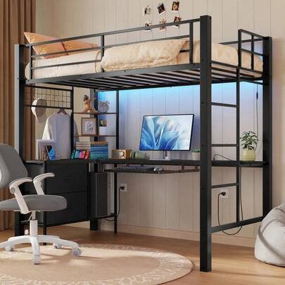 Cama Alta Individual Con Escritorio En Forma De L Y Luces Led, Estación De Carga, Estantes De Almacenamiento, Estructura De Metal Resistente Con Cajones, Protección De  Escalera.