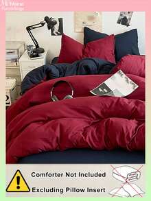 酒红色和藏蓝色三件套床上用品 - 1 个被套和 2 个枕套，柔软舒适的家纺面料，多种颜色可选，适合宿舍使用，简约时尚的卧室装饰，可机洗，不含填充物 - 酒紅色 - 查看 4
