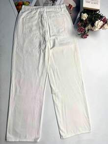 休闲时尚女士纯色直筒牛仔裤，适合通勤和日常穿着 - 白色 - 查看 7