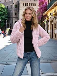 女士仿毛皮连帽口袋外套 - 秋冬季的完美之选 - 粉色 - 查看 3