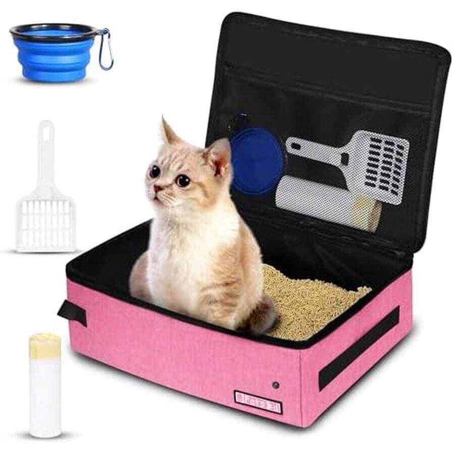 Petskd - Caja de arena de viaje para gatos con tapa, 15.7 x 11.8 x 5, caja de arena móvil portátil para gatos medianos y grandes, caja de arena a prueba de fugas para coche, viajes, hotel, estancias con una cuchara, un tazón y bolsas para caca - Pequeño Rosado - Ver 1
