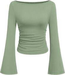 Womens Long Sleeve Shirts 2026 Spring Crop Going Out Tops Casual Boat Neck Sleeve Ribbed Ruched Y2K Clothes - Light Green - View 1