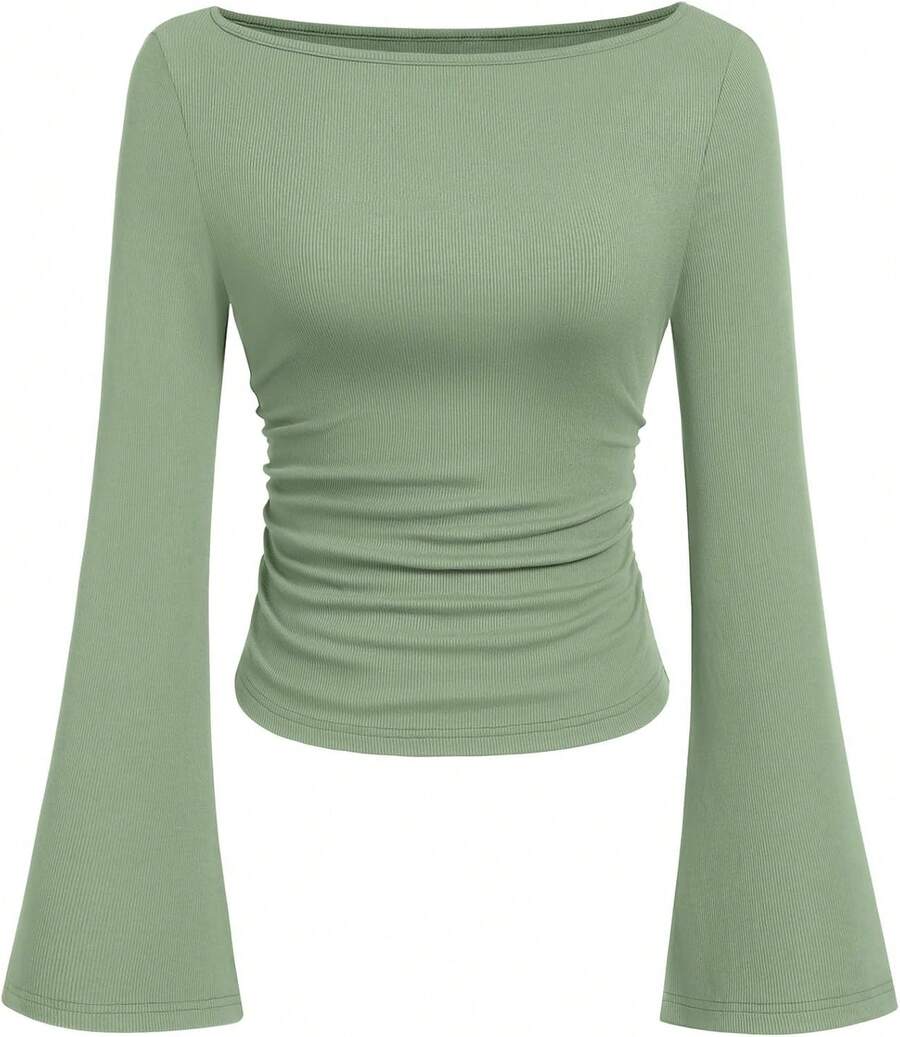 Womens Long Sleeve Shirts 2026 Spring Crop Going Out Tops Casual Boat Neck Sleeve Ribbed Ruched Y2K Clothes - Light Green - View 1