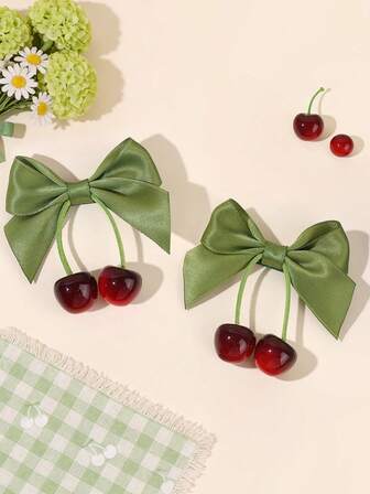 2 piezas Lazos de pelo con forma de cereza para niñas, con cinta verde brillante, pinzas de cocodrilo, clips de pelo con cerezas simuladas, pasadores de fruta delicados, lindos y dulces pasadores de cereza para el cabello de adolescentes, accesorios para el cabello