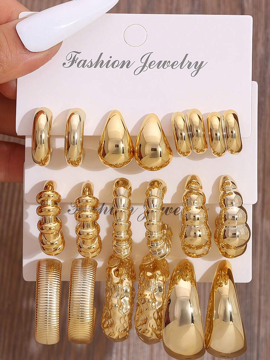 1 Set Fashionable CCB Geometric Pattern Earrings Set, Casual Everyday Wear, Suitable As Gift For Friends On Holidays And Birthdays - Yellow Gold - View 1