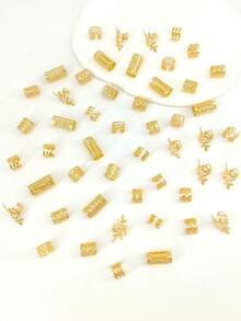 50PCS Vintage Boho Style Alloy Hair Rings Set - Hollow Out Round Hair Accessories For Women And Girls, Elegant Solid Color Hair Jewelry For Braids And DIY Hair Design - 發環套裝G-金色 - 查看 4